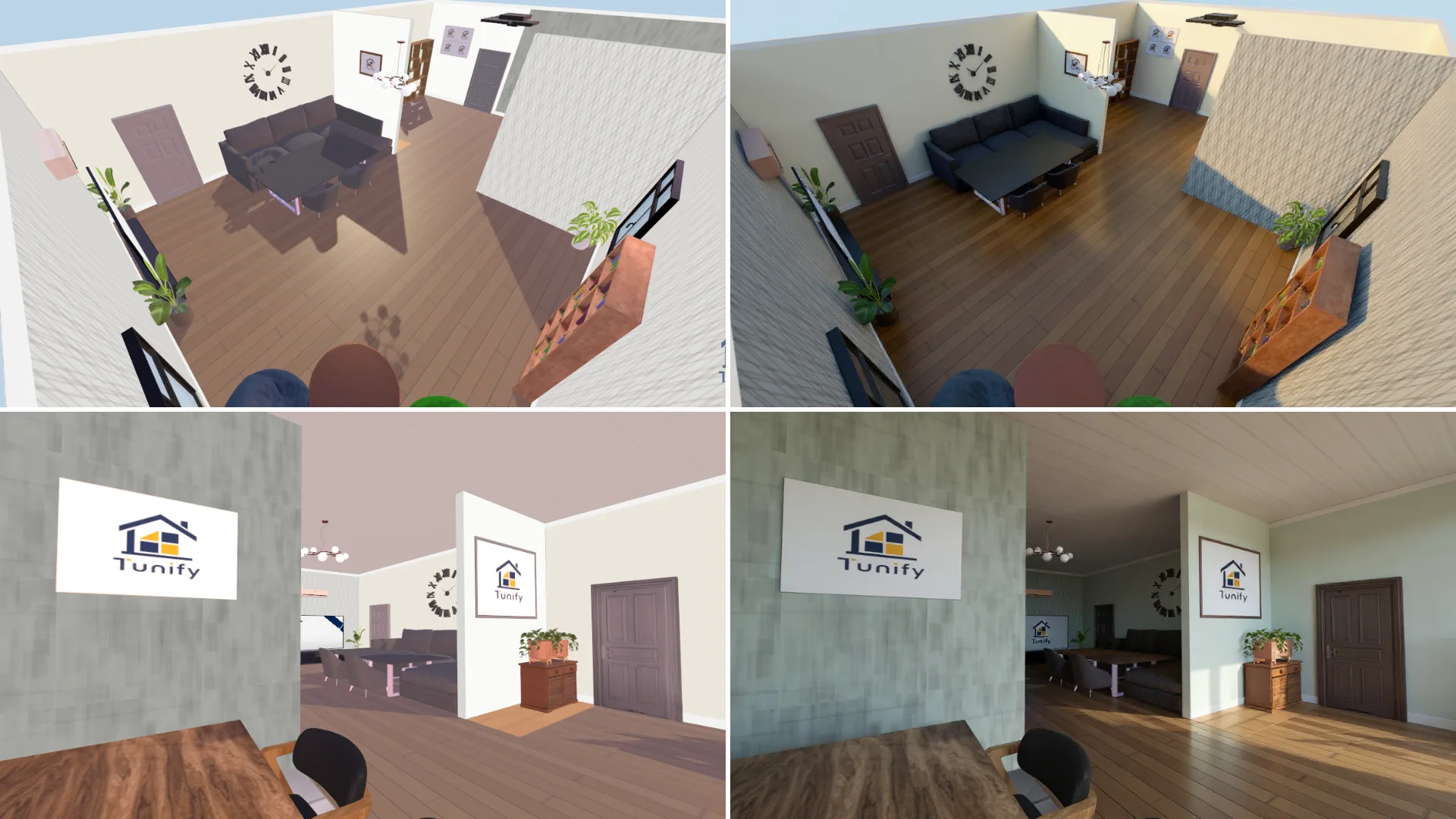 A 3D room view side by side with the photorealistic AI render generated from it