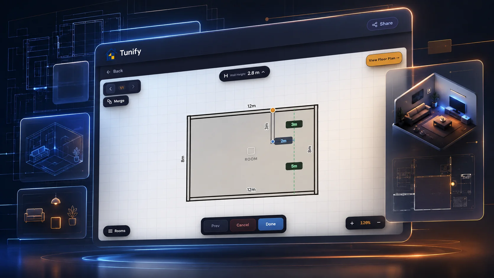 The Tunify floor plan editor with a room drawn to 12 by 8 metres on a grid, and a 3D preview of the finished room beside it